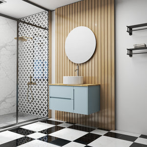 English Elm 36-Inch Modern Minimalist Wall-Mounted Bathroom Vanity With Blue Cabinet & Natural Wood Top Design W3151S00008