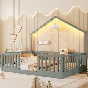 English Elm Twin Montessori Floor Bed House Frame with Led Lighting and Safety Rails for Kids Grey W2593P440606
