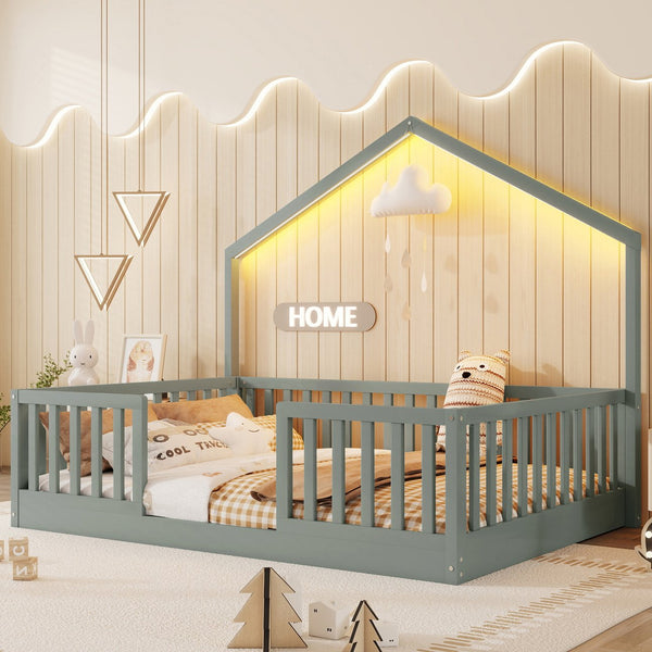 English Elm Twin Montessori Floor Bed House Frame with Led Lighting and Safety Rails for Kids Grey W2593P440606