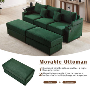 English Elm 95.3" Versatile 3-Seater Sectional Sofa With Smart Storage, Usb Ports, Cup Holders & Ottomans, Green N719S001613F