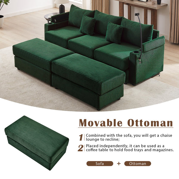 English Elm 95.3" Versatile 3-Seater Sectional Sofa With Smart Storage, Usb Ports, Cup Holders & Ottomans, Green N719S001613F