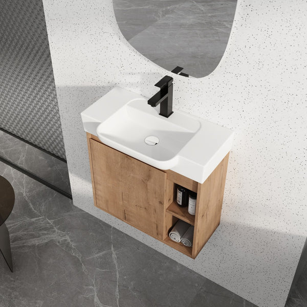 English Elm 24'' Floating Wall Mounted Bathroom Vanity with Ceramic Sink and Soft Close Cabinet Imitative Oak W999P426630