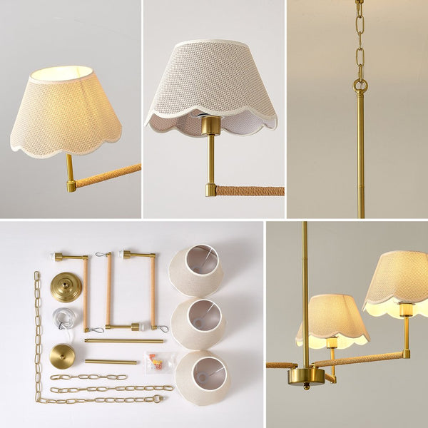 English Elm 3-light Gold Rope Wrapped Chandelier with Fabric Shades for Dining and Living Rooms W5008P391554