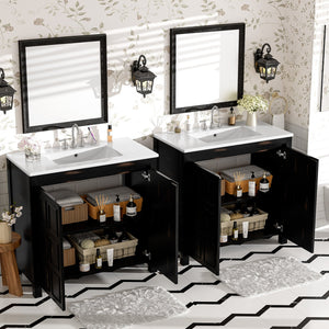 English Elm Modern 48 Inch Freestanding Bathroom Vanity Dual Ceramic Sinks Soft Close Gold Handles N729P000004P