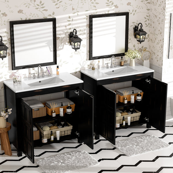 English Elm Modern 48 Inch Freestanding Bathroom Vanity Dual Ceramic Sinks Soft Close Gold Handles N729P000004P