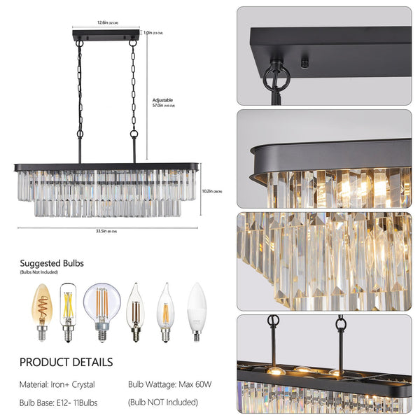 English Elm Chandeliers,Rectangular Modern Industrial Crystal Chandelier 36.2" Adjustable Iron Frame LED-Ready Fixture Enthic Black W1340P189538