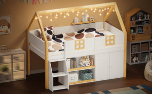 English Elm Twin-size Pine Low Loft Bed with House Canopy Step Stairs Storage Cabinet Led Lights N7090005033K