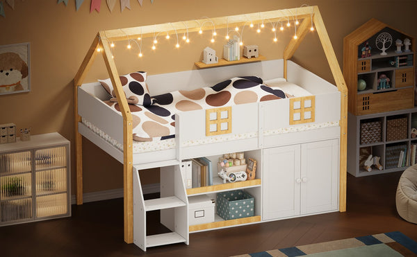 English Elm Twin-size Pine Low Loft Bed with House Canopy Step Stairs Storage Cabinet Led Lights N7090005033K