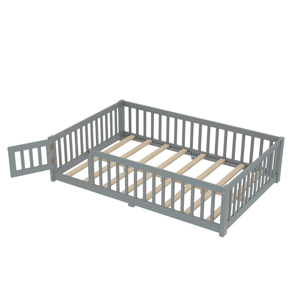English Elm Full Floor Bed with Safety Guardrails and Play Door for Kids, Low Profile Pine Frame, 550lb Capacity Gray W1580P338951
