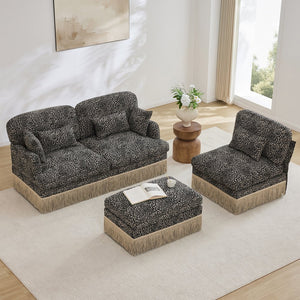 English Elm 100"comfy Chenille Leopard Print Sectional Sofa with Tassel Trim and Movable Ottoman Khaki W5656S00023