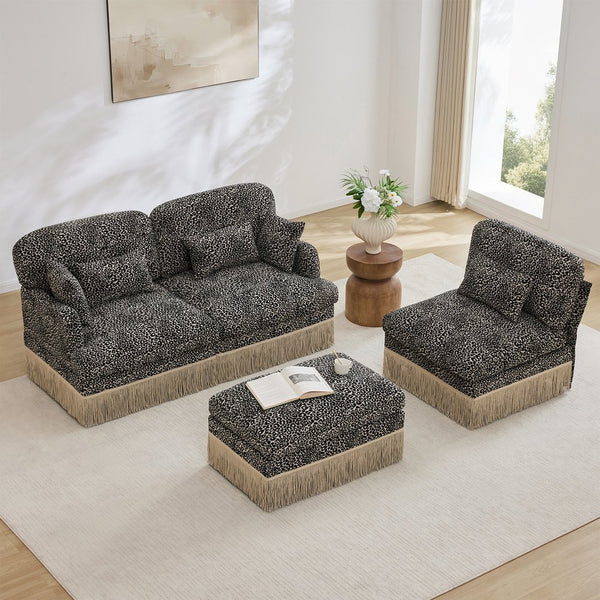 English Elm 100"comfy Chenille Leopard Print Sectional Sofa with Tassel Trim and Movable Ottoman Khaki W5656S00023