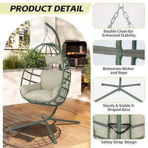 English Elm Egg Hanging Chair with Stand Pe Rattan Swing Seat Washable Cushion Patio Bedroom T5880P497440