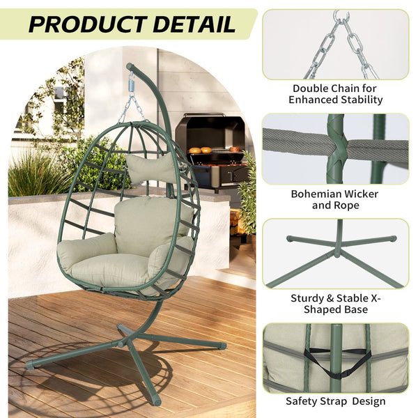 English Elm Egg Hanging Chair with Stand Pe Rattan Swing Seat Washable Cushion Patio Bedroom T5880P497440