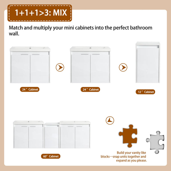 English Elm 60" Modern Wall-Mounted Bathroom Vanity with Resin Sink, Soft-Close Doors, Side Cabinet, Glossy White W999S00423
