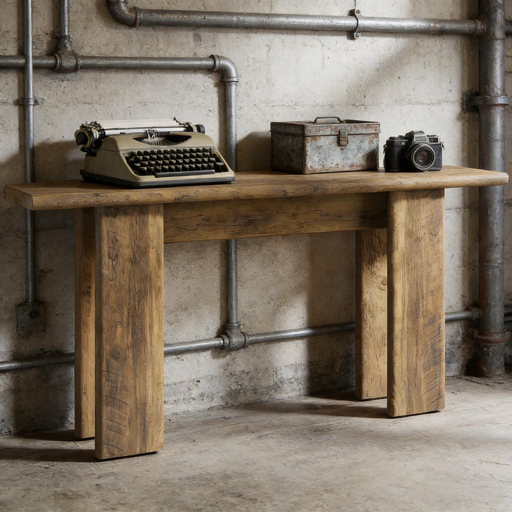 English Elm 2-tier Industrial Console Table Rustic Wood and Black Metal Frame Entryway Sofa T3971P460559