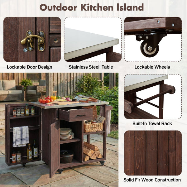 English Elm Foldable Outdoor Kitchen Cart with Stainless Worktop Fir Wood Frame and Lockable Wheels Dark Brown N719P380278S