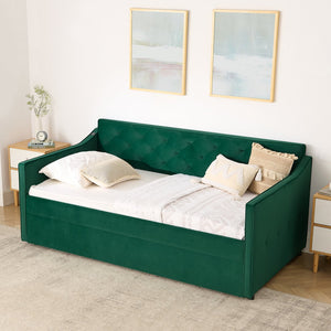 English Elm Twin Linen Tufted Daybed with Pop up Trundle and Usb Port for Guest Rooms Green W1413S00130