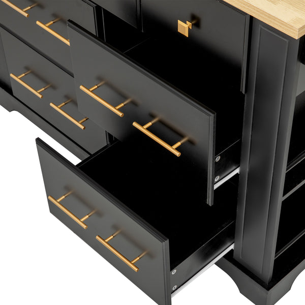 English Elm K&K Rustic Kitchen Island Cart with 6 Drawers, Pull-Out Trash Cabinet, Drop Leaf & Built-In Charging Station Black N707P307292B