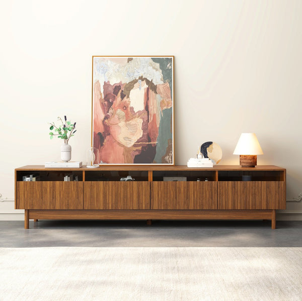 English Elm 78inch TV Stand Walnut for up to 85" TVs — Fluted Glass Drawers, Cable Management, Solid-Wood Legs PMID N710P362197P