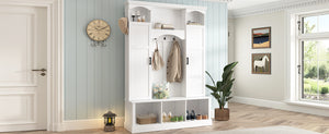 English Elm On-trend Farmhouse Hall Tree with Dual Cabinets Seven Hooks and Arched Entryway Storage White N721S000078K