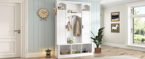 English Elm On-trend Farmhouse Hall Tree with Dual Cabinets Seven Hooks and Arched Entryway Storage White N721S000078K