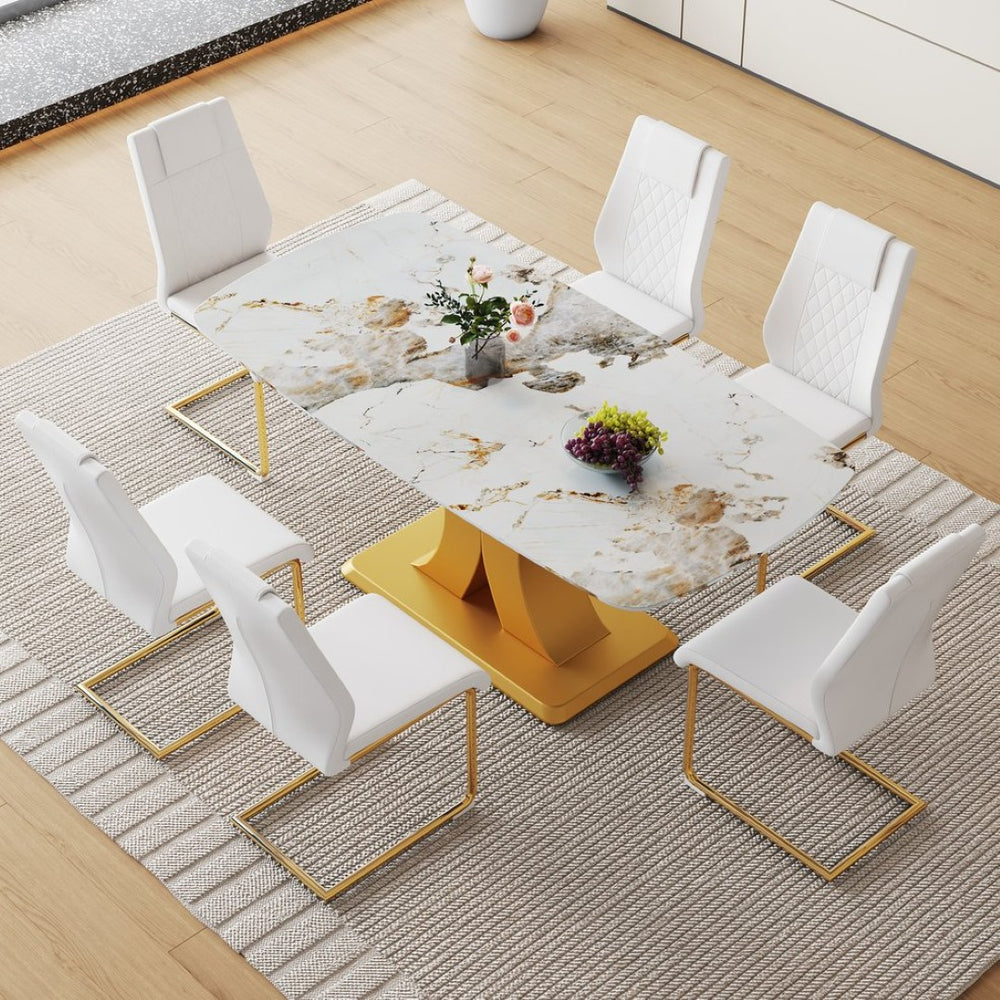 English Elm Table And Chair Set: Luxurious 71" Pandora Glass Dining Table With Gold Legs & 6 White Pu Chairs W1151S03227-GIGA