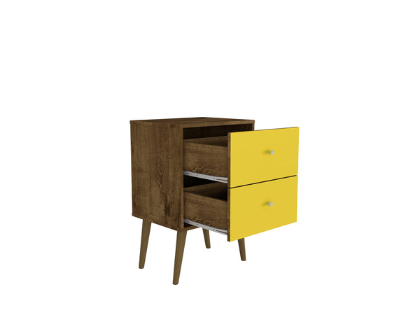 English Elm Liberty 18" Nightstand with 2 Drawers, Aqua Accent, Solid Wood Legs, Modern Handles, Compact Storage Brown+Yellow B365P398516