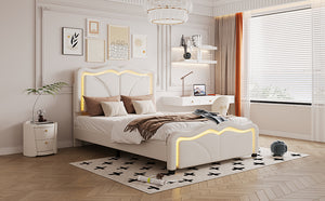 English Elm Twin Upholstered Platform Bed with Curved Headboard, Adjustable Heights, Sturdy Pine Frame, LED Accent Lights White WF323748AAK