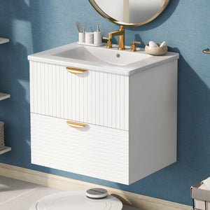 English Elm Modern 24-Inch Wall-Mounted Bathroom Vanity with 2 Drawers, Gold Handles, Space-Saving Luxury White WF324047AAK
