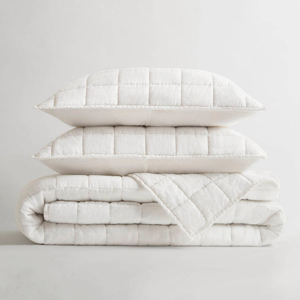 English Elm 3-piece French Linen Quilt Set Garment Washed Breathable Box Stitched Bedding White B035P408295
