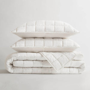 English Elm 3-piece French Linen Quilt Set King Garment Washed Box Stitch Breathable Bedding White B035P408296