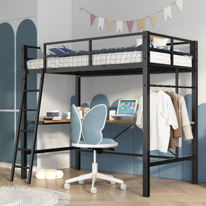 English Elm Twin Metal Loft Bed with L-Shaped Desk & USB Charging Station, Anti-Tip Guardrails, Sturdy Frame W2889P205074