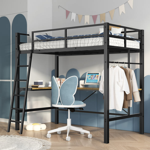 English Elm Twin Metal Loft Bed with L-Shaped Desk & USB Charging Station, Anti-Tip Guardrails, Sturdy Frame W2889P205074