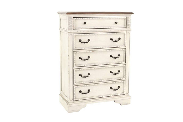 English Elm Antique Cream Wooden Chest of Drawers 5-Drawer Bedroom Dresser with Walnut Top Vintage Charm B011P236763