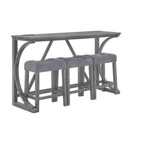 English Elm 59 Inch Bar Table Set with Power Outlet Rubberwood Frame and 3 Linen Stools Grey W2972P385254