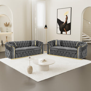 English Elm 2pcs Italian Velvet Chesterfield Sofa Set Tufted Three Seater with Gold Steel Legs Gray W1191S00070