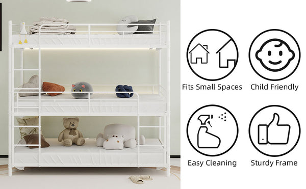 English Elm Heavy-duty triple bunk bed frame with built-in ladder, full guardrails, metal slats, space-saving design White W1935P330701