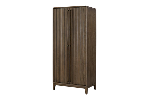 English Elm Armoire Latte Solid Wood+MDF Wardrobe with 2 Cedar-Lined Drawers, 4 Shelves, Rod & 5 Hooks, Mid-Brown Finish B2699P346314