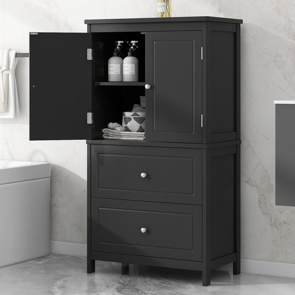 English Elm Bathroom Storage Cabinet with Two Doors and Drawers, Adjustable Shelf, MDF Finish, Slim 28"L x 15"W Black N725P188460B
