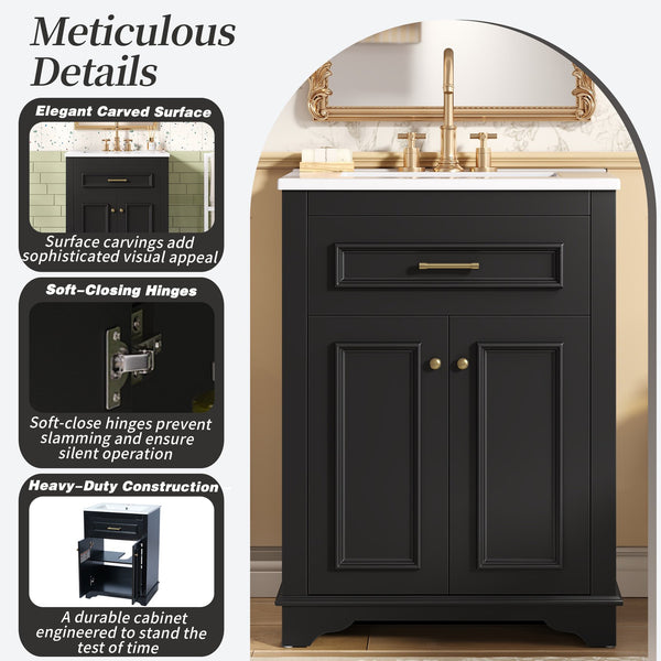 English Elm 24" Matte Single Sink Vanity Solid Poplar Frame Gold Hardware Soft Close Cabinet Black N710P389449B