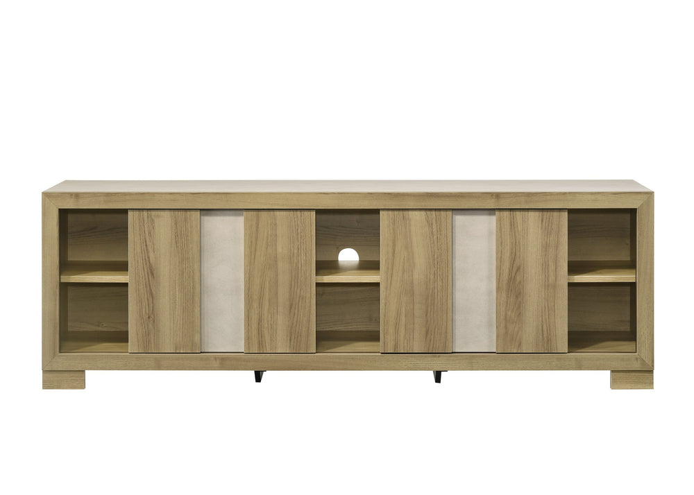 English Elm 1pc Modern Entertainment Console with Industrial Edge, Grey Wood Finish, Open Shelf & Two Drawers Driftwood 19.69 L x 75 W x 26.38 H B2741P295466