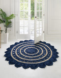 Unique Loom Braided Jute Punita Hand Braided Novelty Rug Navy Blue and White,  5' 1" x 5' 1"