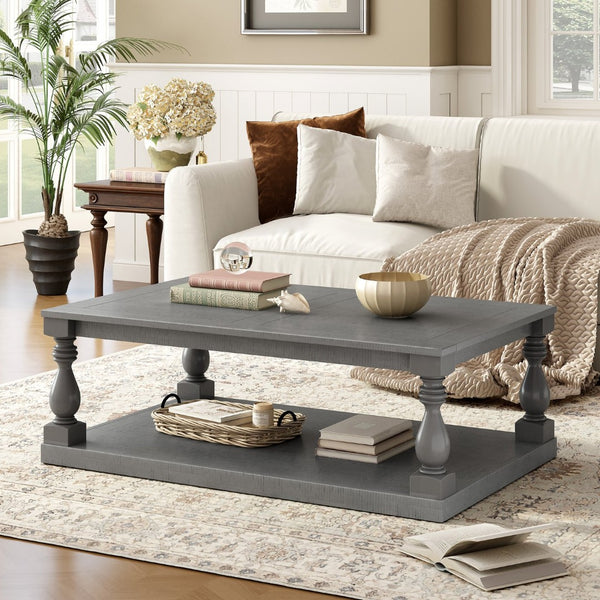 English Elm U_Style Vintage Coffee Table With Artistic Vase Column Legs - Luxurious Pine Veneer For Timeless Elegance N711P256967E-GIGA