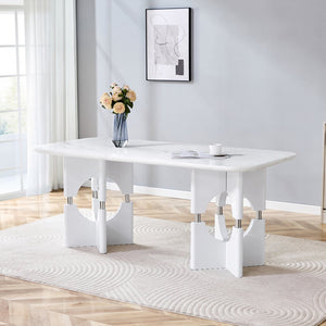English Elm Modern Marble Print Mdf Dining Table Sculptural Hollow Frame Metal Accents Small Space White W3875S00026