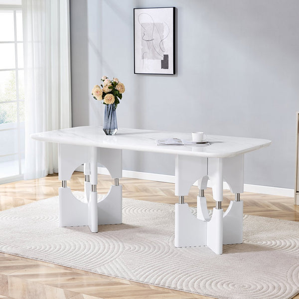 English Elm Modern Marble Print Mdf Dining Table Sculptural Hollow Frame Metal Accents Small Space White W3875S00026