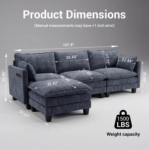 English Elm Modern Chenille Three Seat Sofa with Ottoman Usb Charging Ports and Storage Pockets Blue W2519S00004