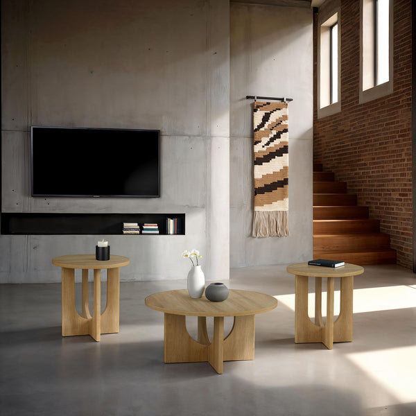 English Elm Contemporary 3-Piece Table Set: Round Coffee & End Tables With Cross-Arch Base In Natural Finish B2741P395117