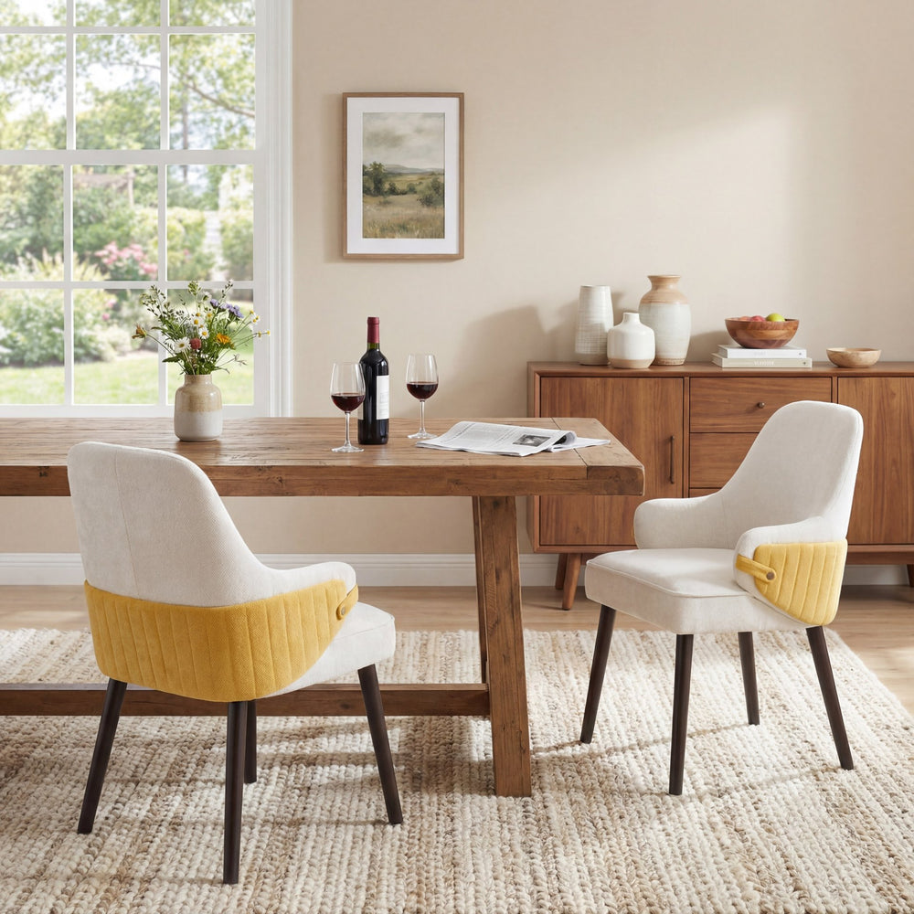 English Elm Indoor Two-tone Fabric Armchair Set Curved Back Ergonomic Dining Accent Seating Beige,Yellow N779P370716B