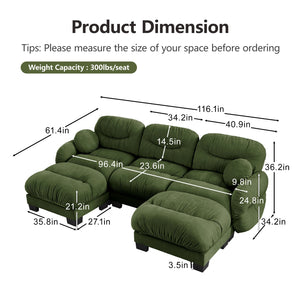 English Elm Pleated Chenille U-shape Sectional Sofa with Ottomans Ergonomic Foam Curved Armrests Green W5656S00051