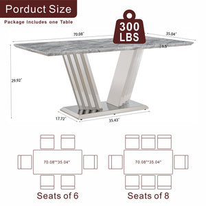 English Elm Marble Faux Top Rectangle Dining Table Seats Six Chrome Steel Base Modern Glam W3456S00058